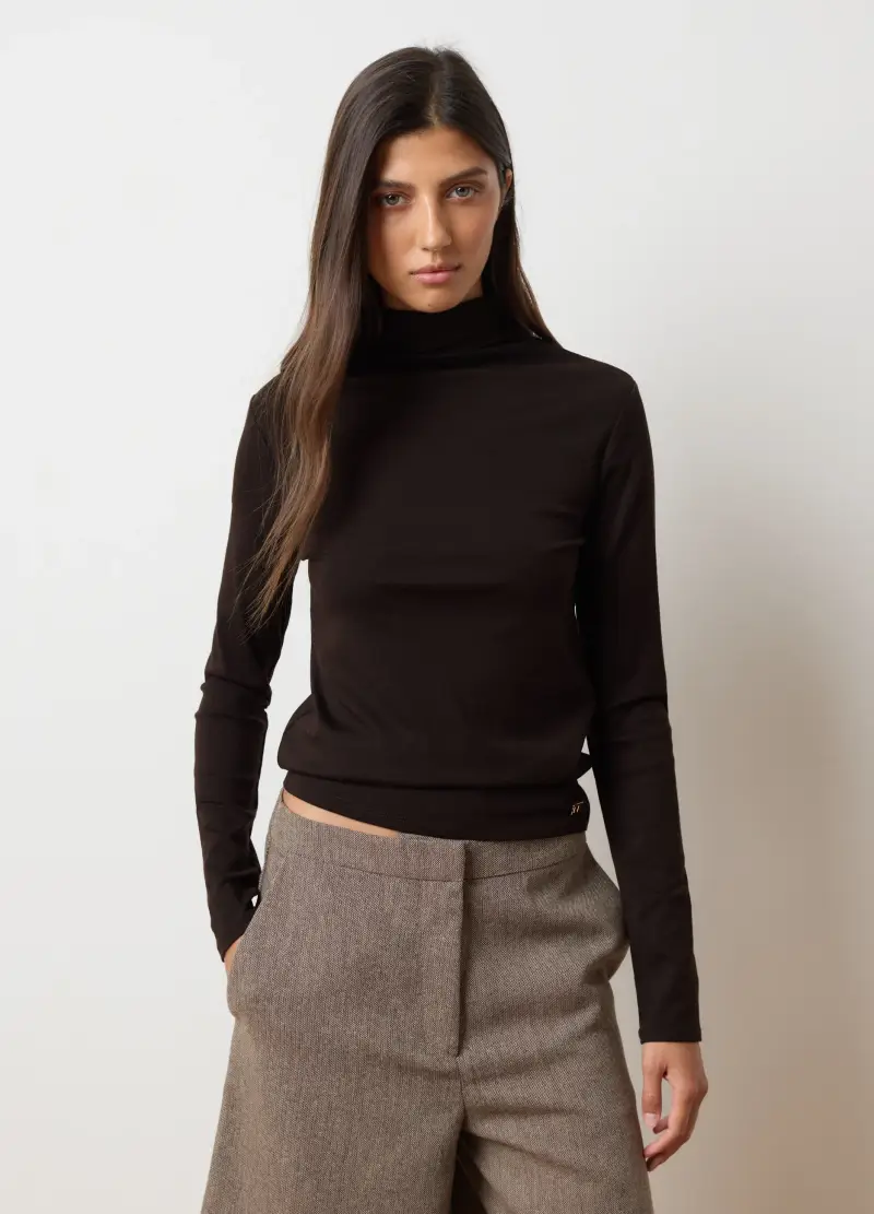 Maglia A Collo Alto Marrone Regular Fit, Donna, Marrone miniatura 3