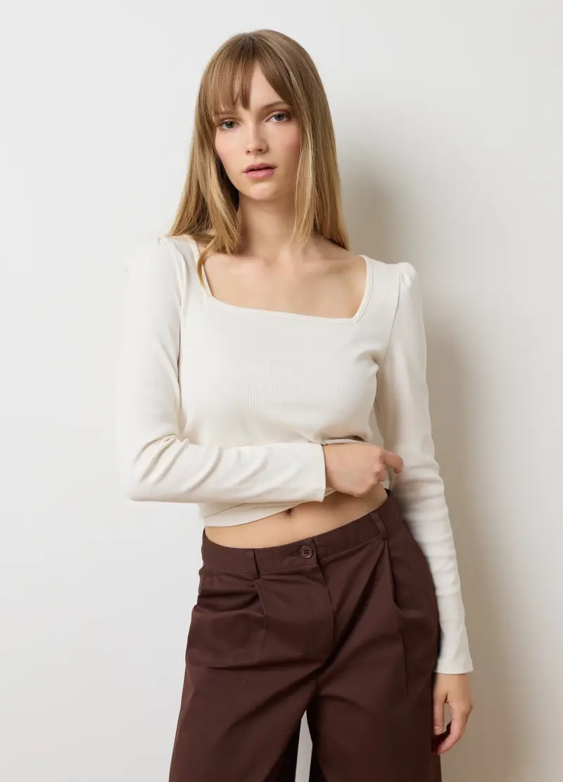 Maglia Bianca A Maniche Lunghe In Cotone Elasticizzato, Donna, Bianco miniatura 3