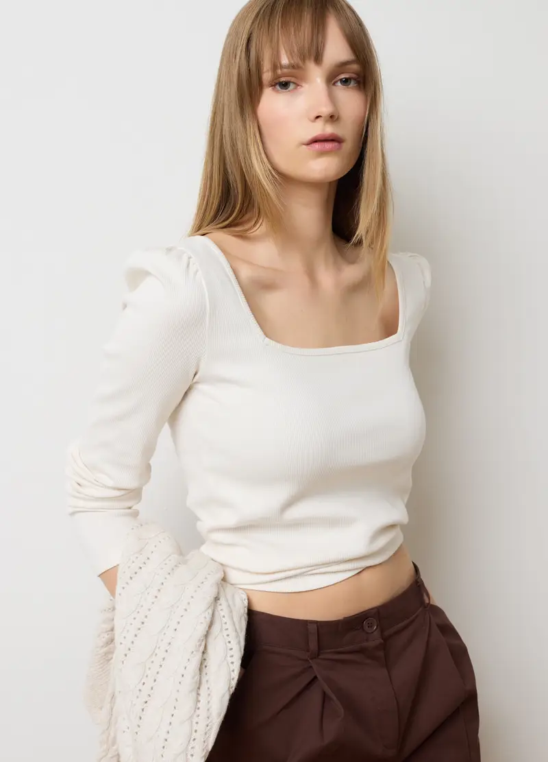 Maglia Bianca A Maniche Lunghe In Cotone Elasticizzato, Donna, Bianco