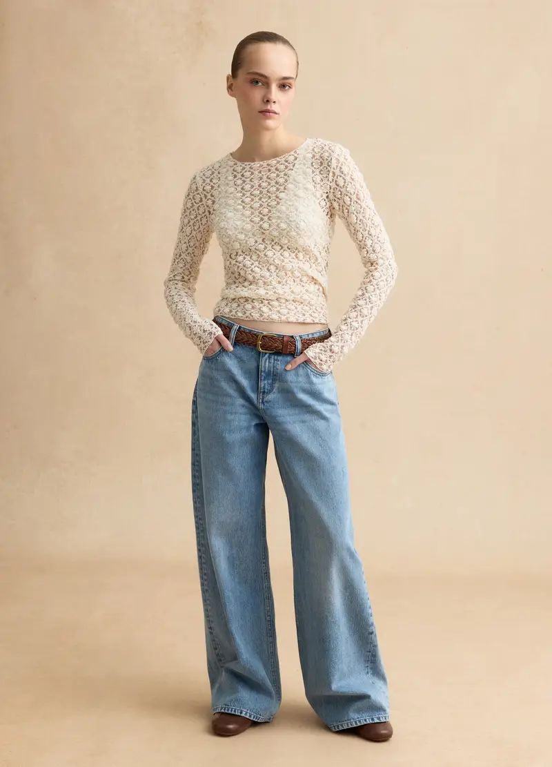 Maglia In Misto Cotone Elasticizzato Beige Regular Fit Con Pizzo, Donna, Beige miniatura 2