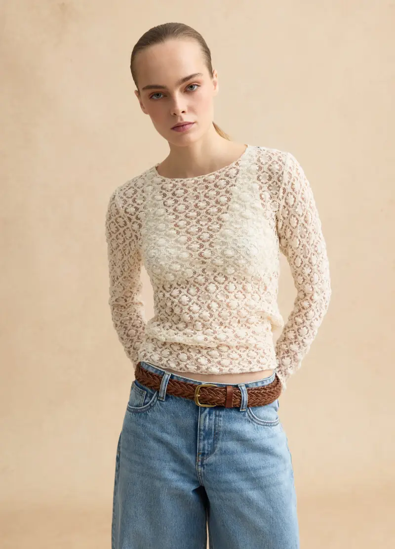 Maglia In Misto Cotone Elasticizzato Beige Regular Fit Con Pizzo, Donna, Beige miniatura 3