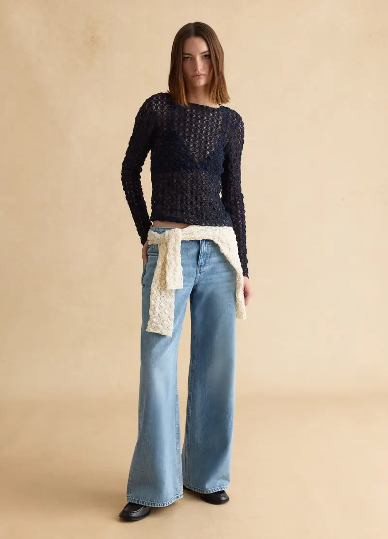 Maglia In Misto Cotone Elasticizzato Blu Regular Fit Con Pizzo, Donna, Blu miniatura 2