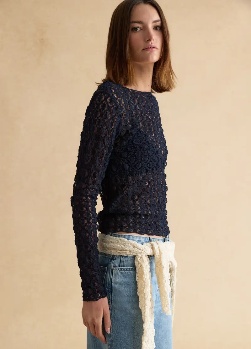 Maglia In Misto Cotone Elasticizzato Blu Regular Fit Con Pizzo, Donna, Blu miniatura 3