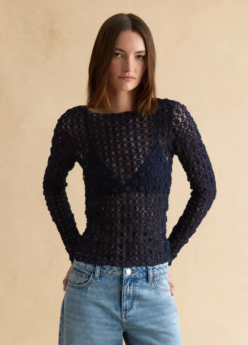 Maglia In Misto Cotone Elasticizzato Blu Regular Fit Con Pizzo, Donna, Blu