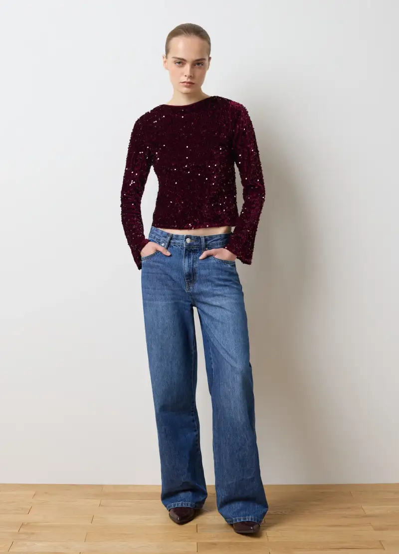 Maglia In Misto Velour Rossa Regular Fit Con Paillettes, Donna, Rosso miniatura 2