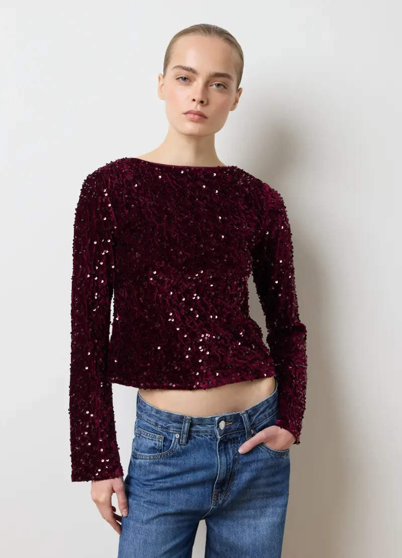 Maglia In Misto Velour Rossa Regular Fit Con Paillettes, Donna, Rosso miniatura 3