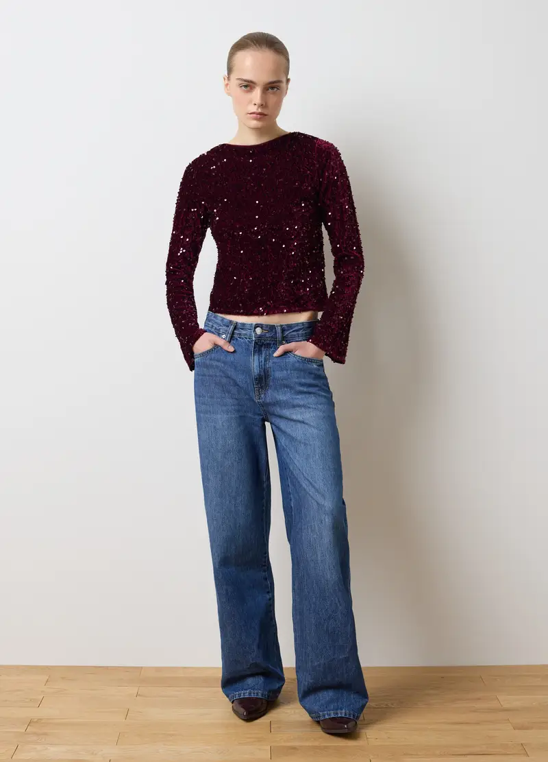 Maglia In Misto Velour Rossa Regular Fit Con Paillettes, Donna, Rosso miniatura 2