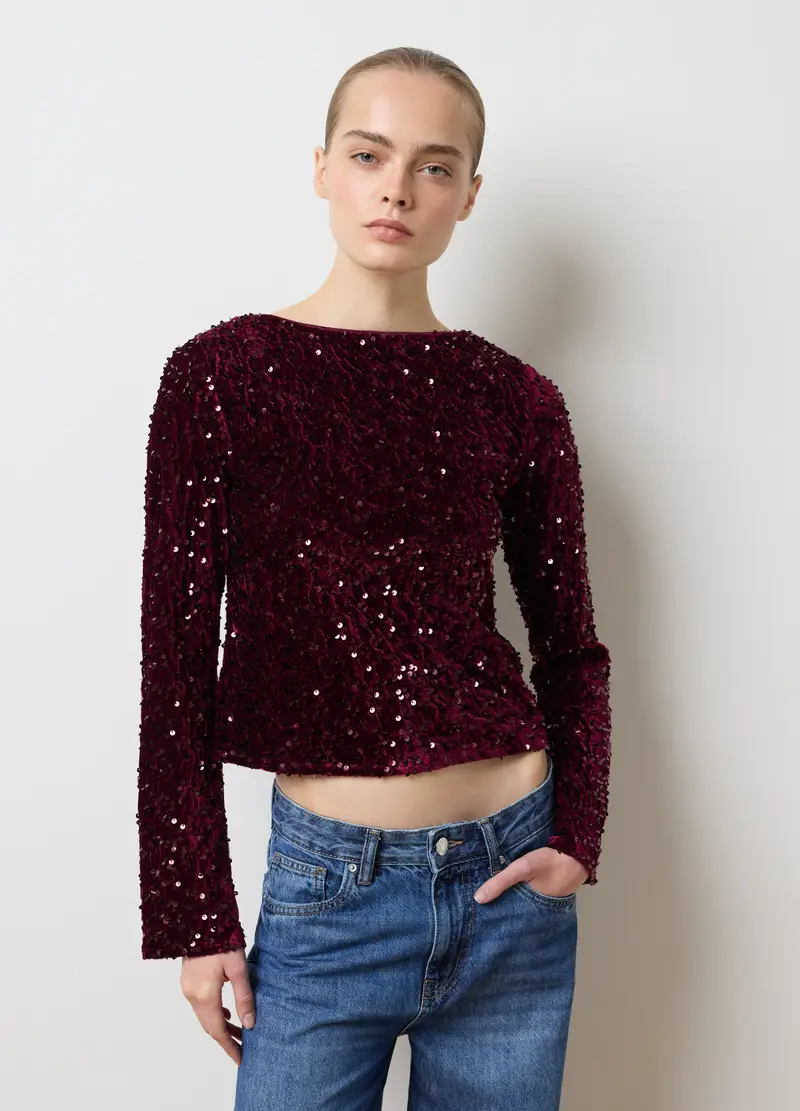 Maglia In Misto Velour Rossa Regular Fit Con Paillettes, Donna, Rosso miniatura 3
