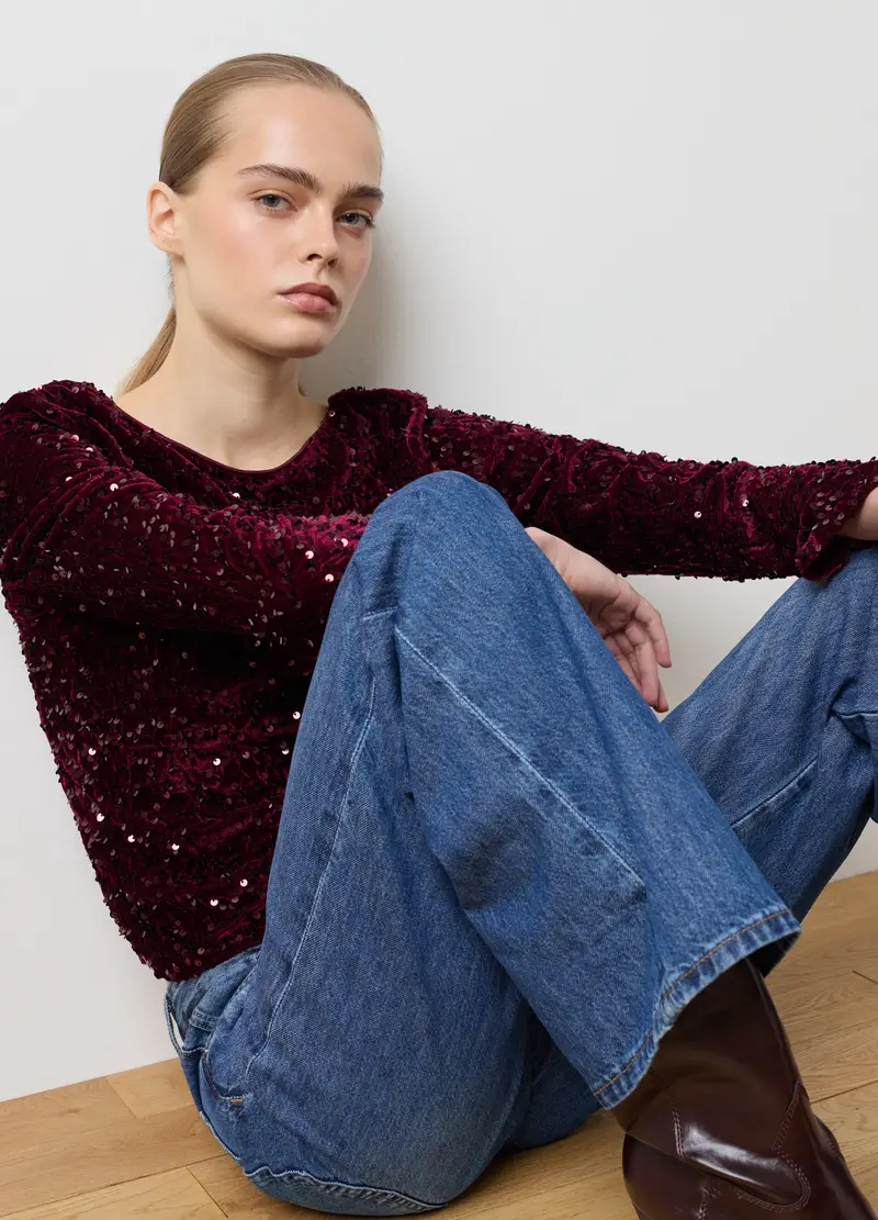 Maglia In Misto Velour Rossa Regular Fit Con Paillettes, Donna, Rosso