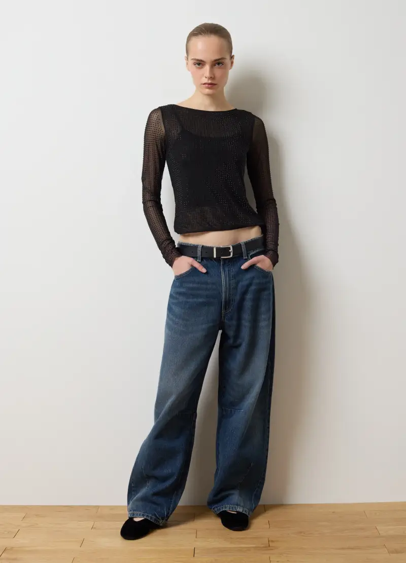 Maglia Nera Regular Fit Con Maniche Trasparenti, Donna, Nero miniatura 2