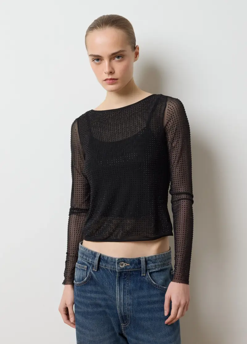 Maglia Nera Regular Fit Con Maniche Trasparenti, Donna, Nero miniatura 3