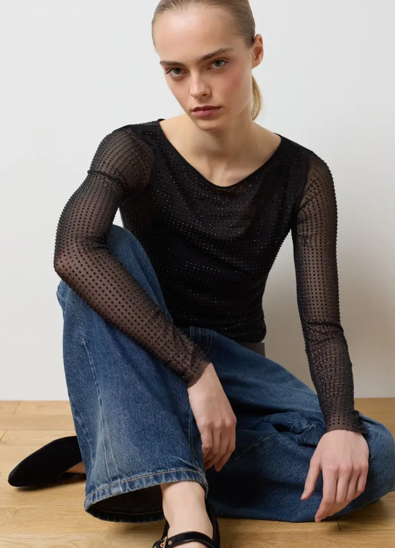 Maglia Nera Regular Fit Con Maniche Trasparenti, Donna, Nero