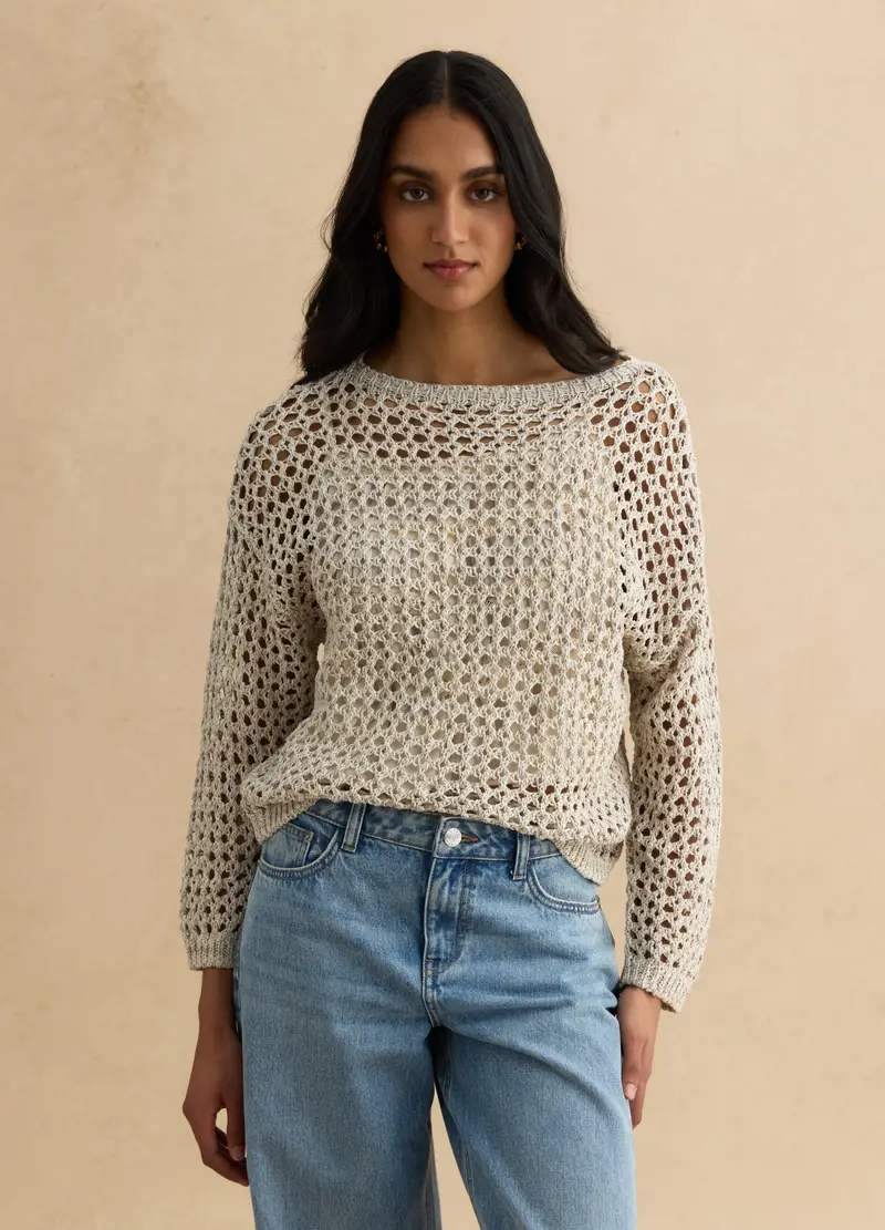 Maglione Bianco In Misto Cotone Con Lavorazione A Maglia, Donna, Bianco miniatura 2