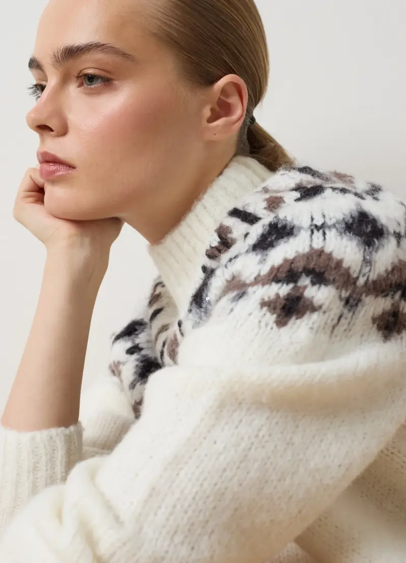 Maglione Con Collo Vulcan Bianco Regular Fit Con Motivi Jacquard, Donna, Multicolor