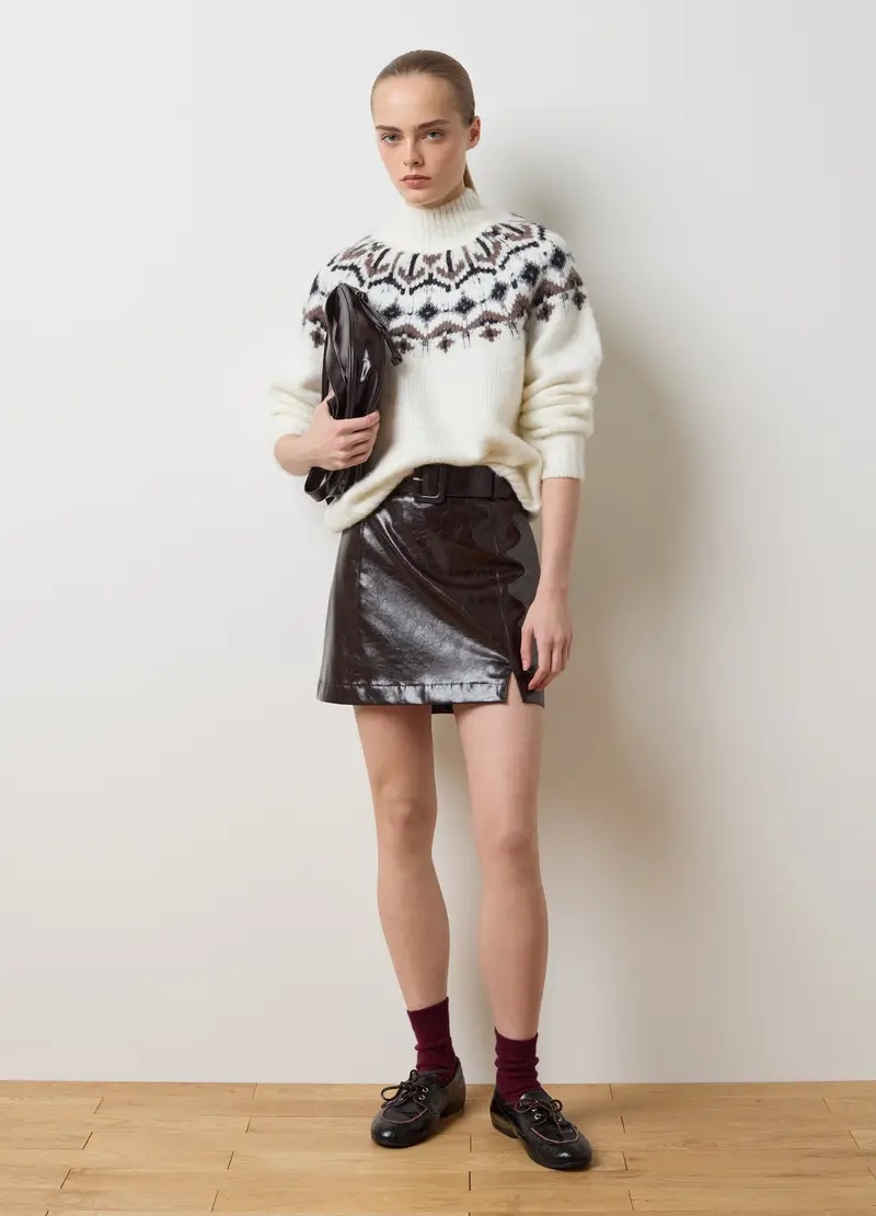 Maglione Con Collo Vulcan Bianco Regular Fit Con Motivi Jacquard, Donna, Multicolor miniatura 2