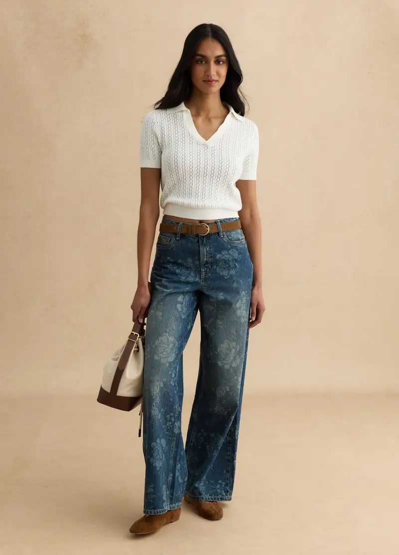 Maglione In Misto Cotone Bianco Regular Fit Con Collo Polo, Donna, Bianco miniatura 2