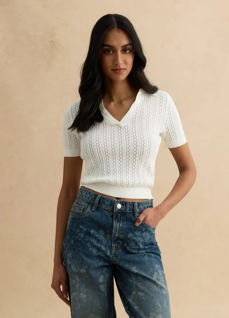 Maglione In Misto Cotone Bianco Regular Fit Con Collo Polo, Donna, Bianco miniatura 3