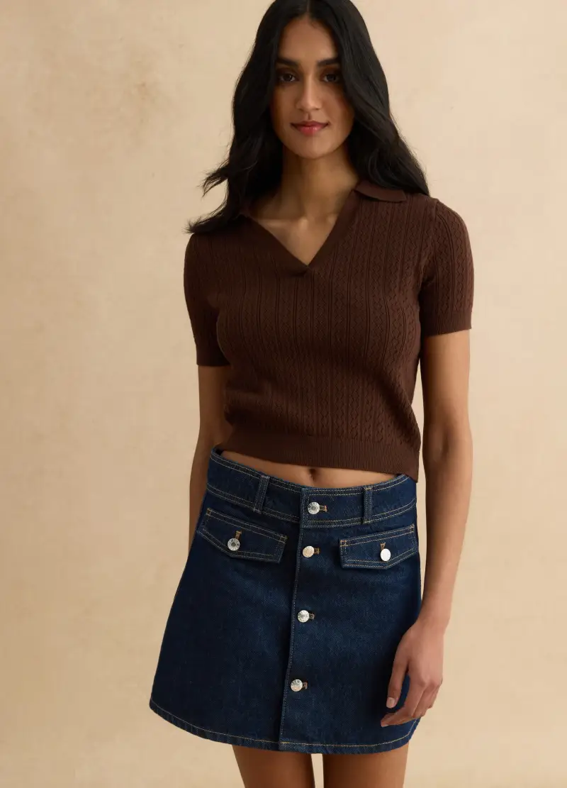 Maglione In Misto Cotone Marrone Regular Fit Con Collo Polo, Donna, Marrone