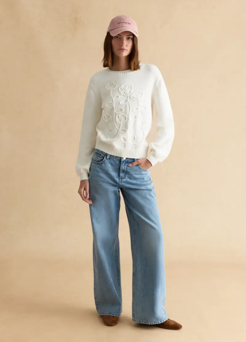 Maglione In Puro Cotone Bianco Regular Fit Con Design Floreale, Donna, Bianco miniatura 2