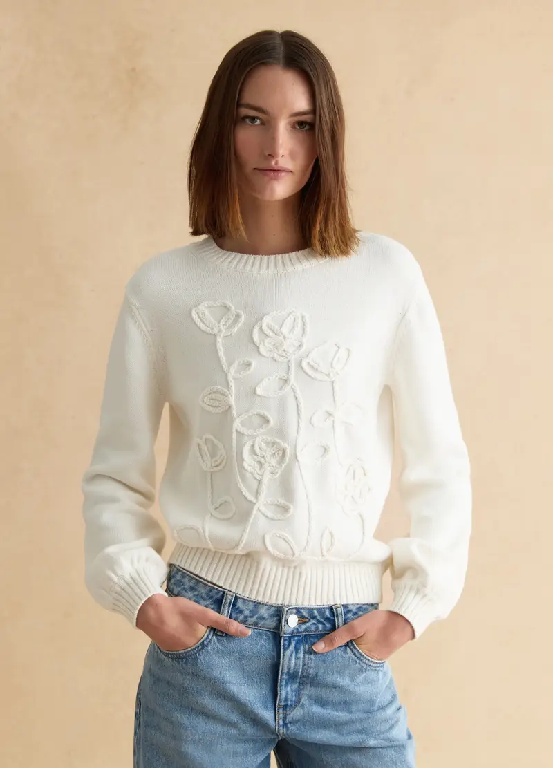 Maglione In Puro Cotone Bianco Regular Fit Con Design Floreale, Donna, Bianco miniatura 3