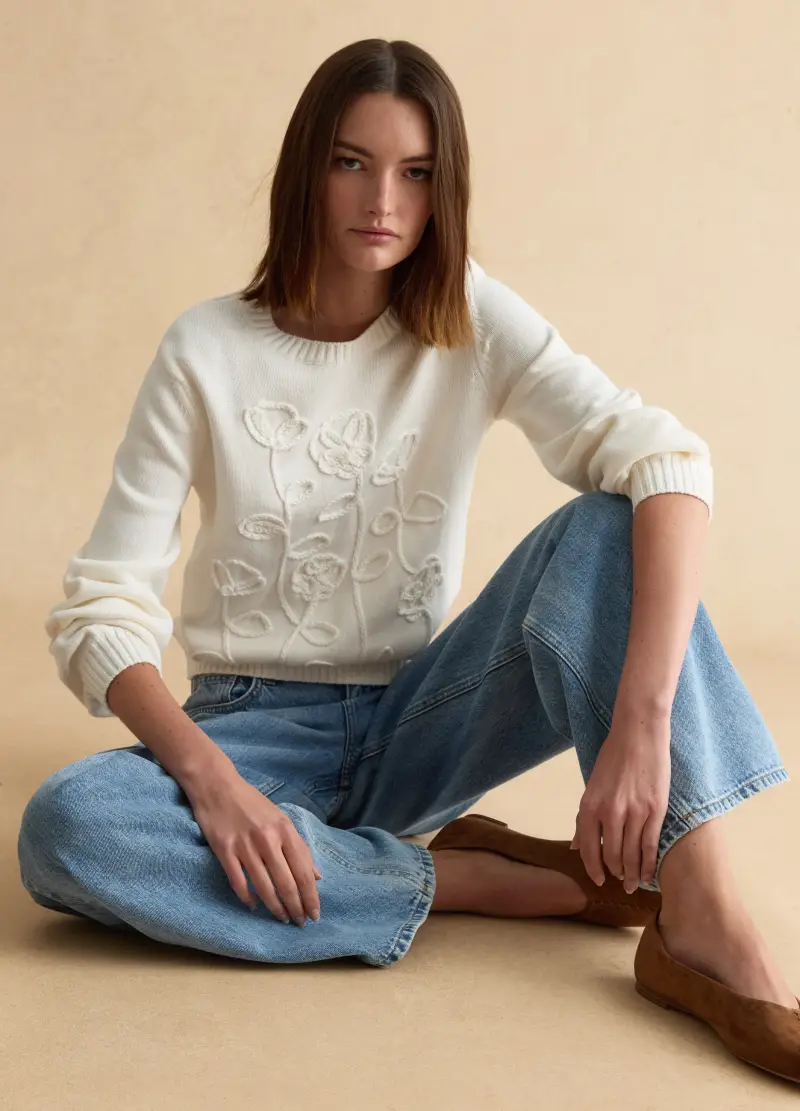 Maglione In Puro Cotone Bianco Regular Fit Con Design Floreale, Donna, Bianco