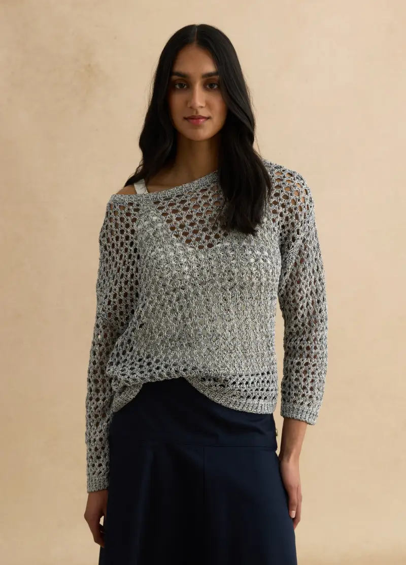 Maglione Multicolor In Misto Cotone Con Lavorazione A Maglia, Donna, Nero miniatura 3