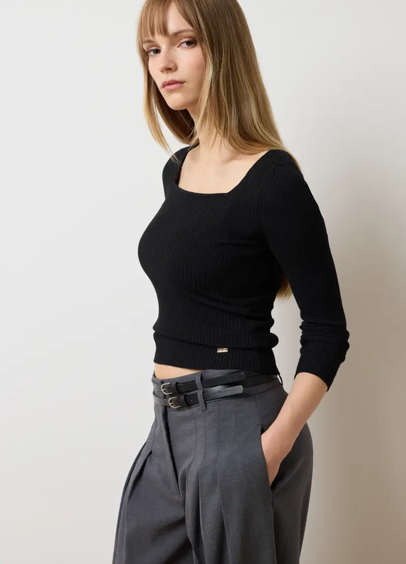 Maglione Nero Con Scollo Squadrato In Misto Viscosa E Lana, Donna, Nero miniatura 3