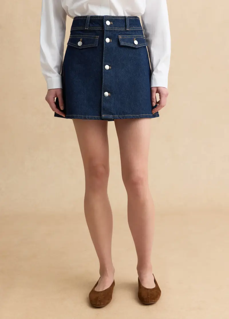 Minigonna A Vita Alta In Puro Cotone Denim Blu Regular Fit, Donna, Blu miniatura 2