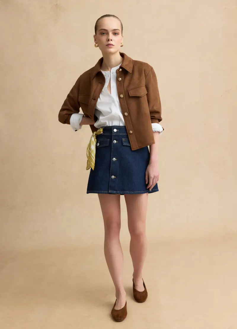 Minigonna A Vita Alta In Puro Cotone Denim Blu Regular Fit, Donna, Blu