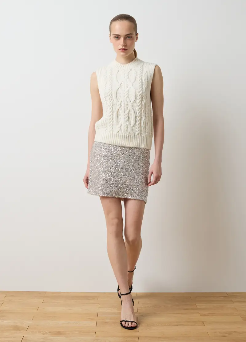 Minigonna Beige Con Paillettes, Donna, Beige