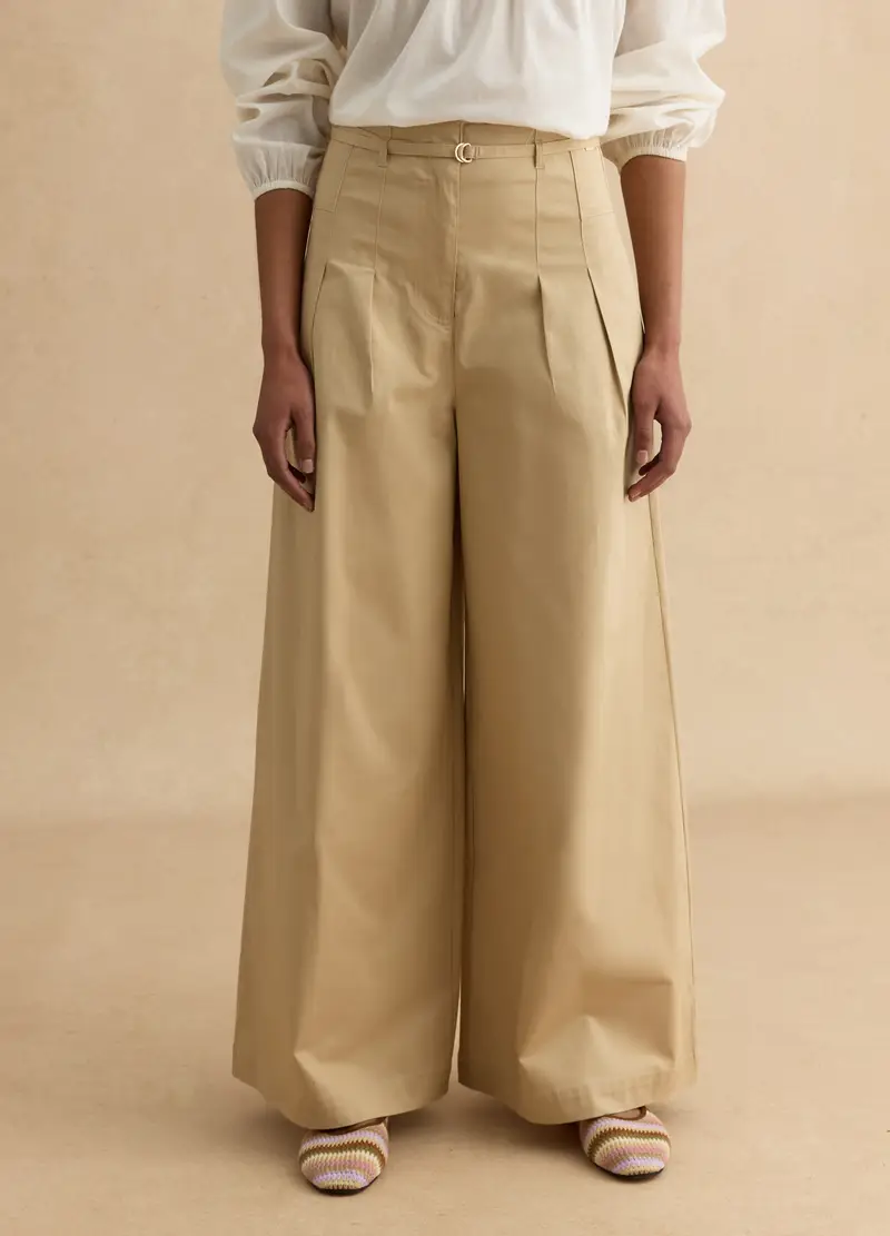 Pantaloni Chino In Cotone Elasticizzato Beige Wide Leg, Donna, Beige miniatura 2