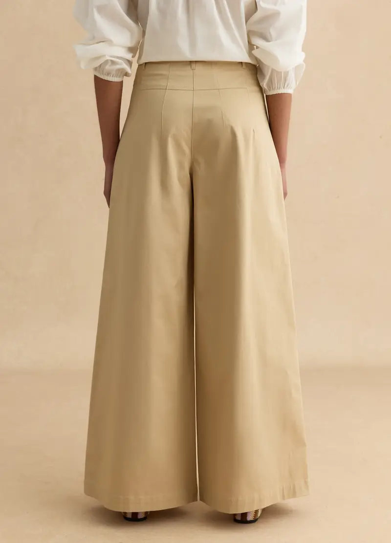 Pantaloni Chino In Cotone Elasticizzato Beige Wide Leg, Donna, Beige miniatura 3