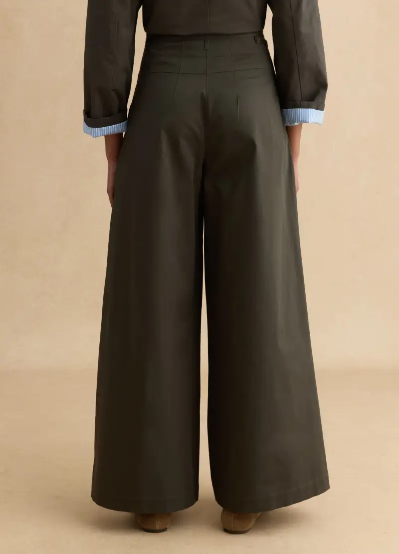 Pantaloni Chino In Cotone Elasticizzato Verde Militare Wide Leg, Donna, Grigio miniatura 3