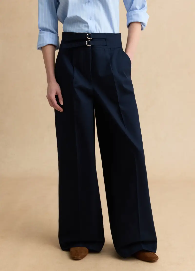 Pantaloni Chino Wide Leg In Puro Cotone Blu, Donna, Blu miniatura 2