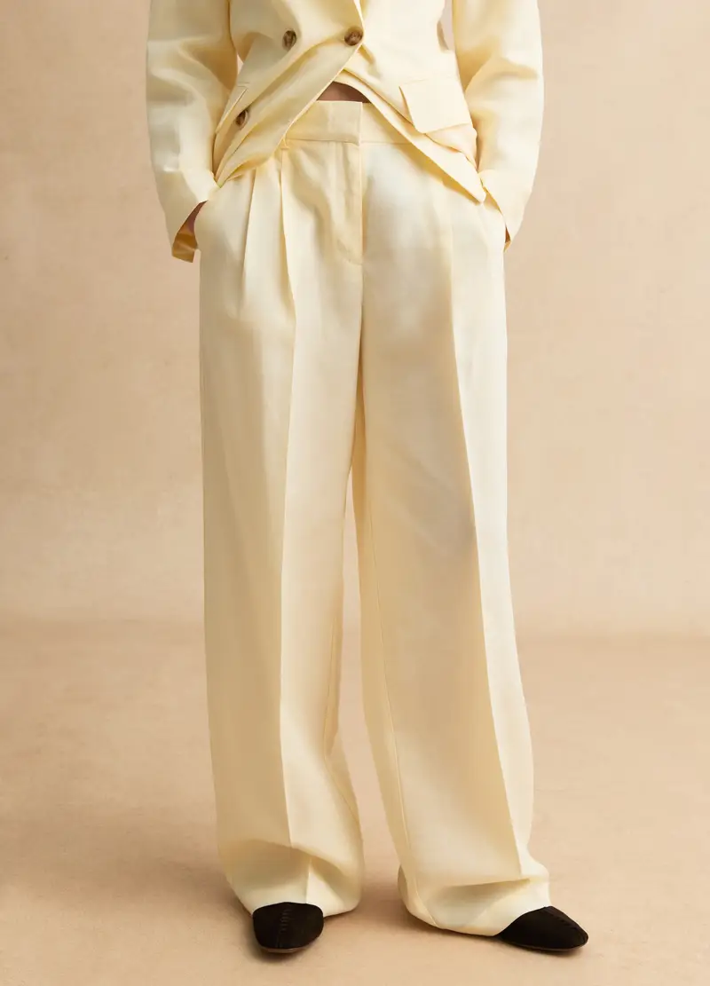 Pantaloni Eleganti In Lyocell E Lino Avorio Wide Leg, Donna, Bianco miniatura 2