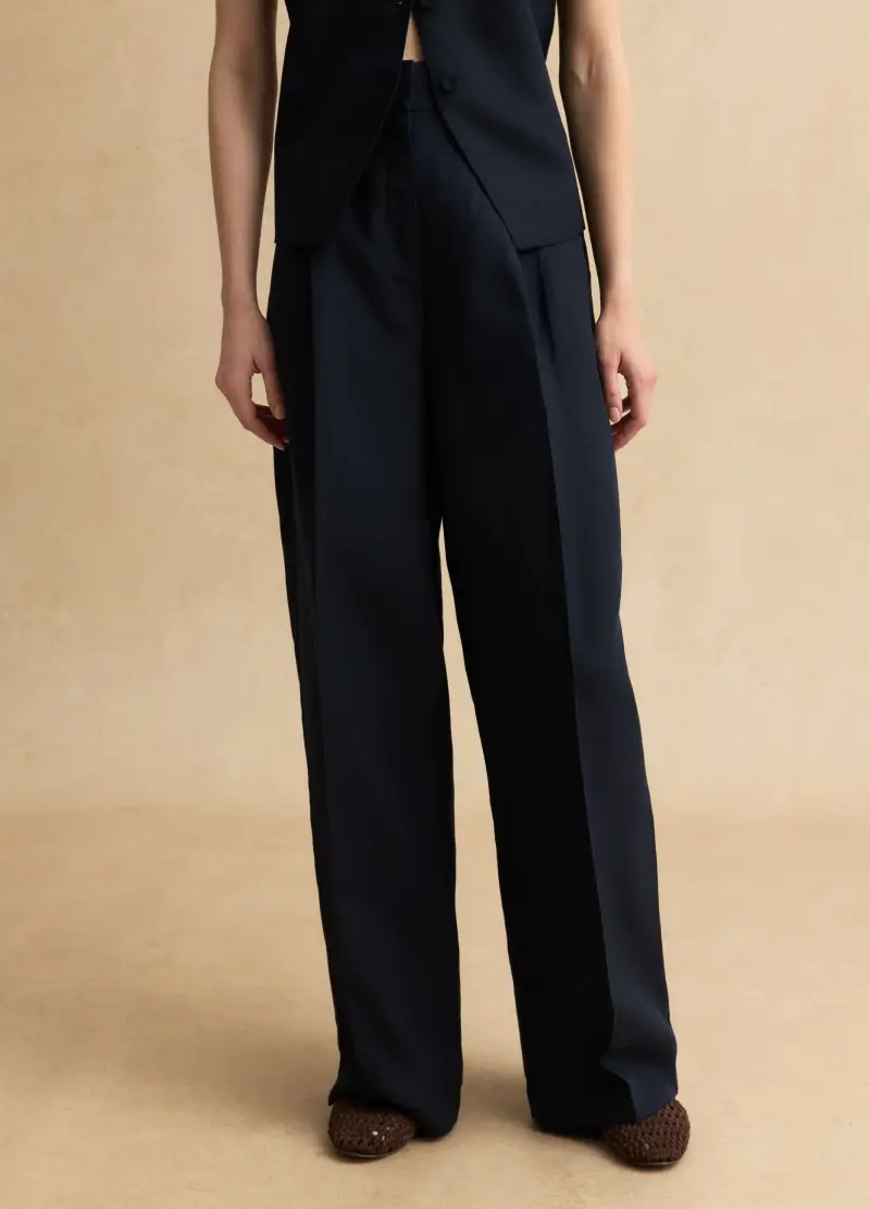 Pantaloni Eleganti In Lyocell E Lino Blu Wide Leg, Donna, Blu miniatura 2