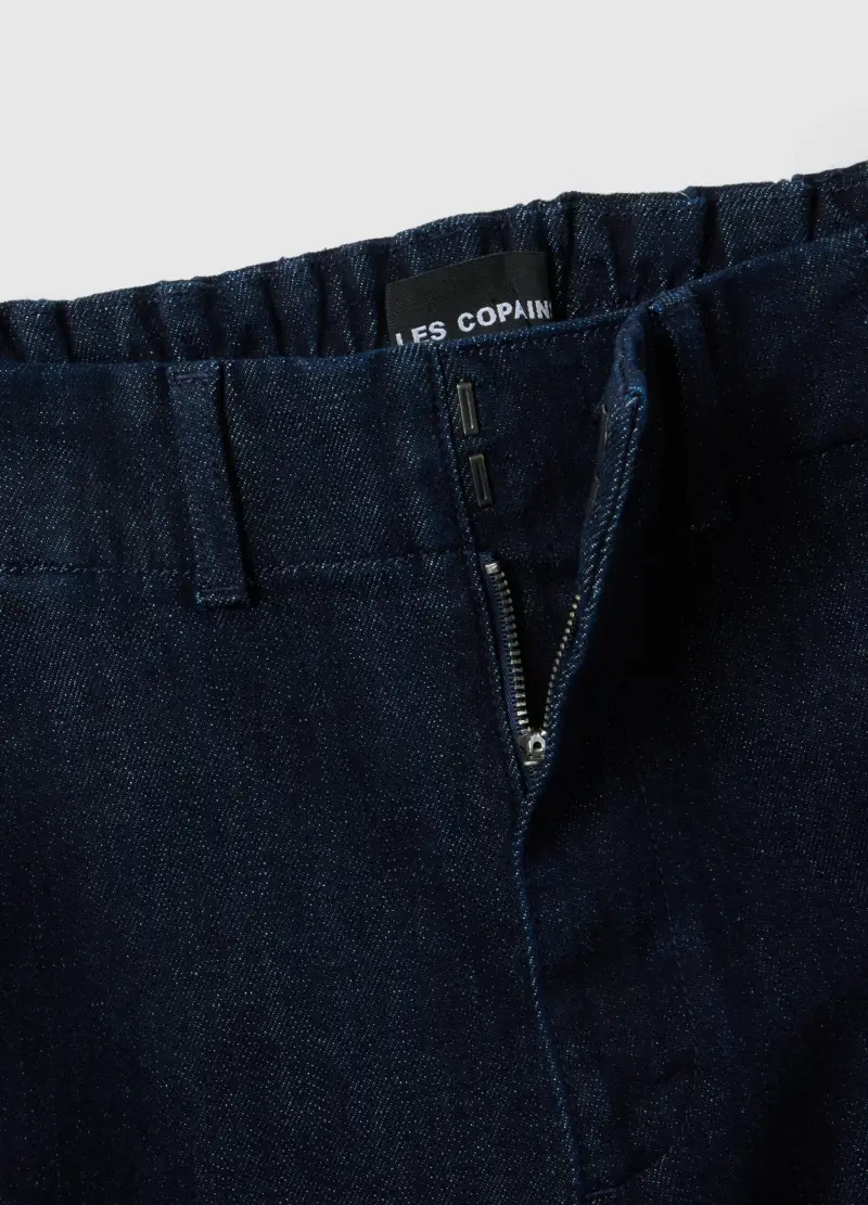 Pantaloni In Cotone Elasticizzato Blu Wide Leg, Donna, Blu miniatura 2