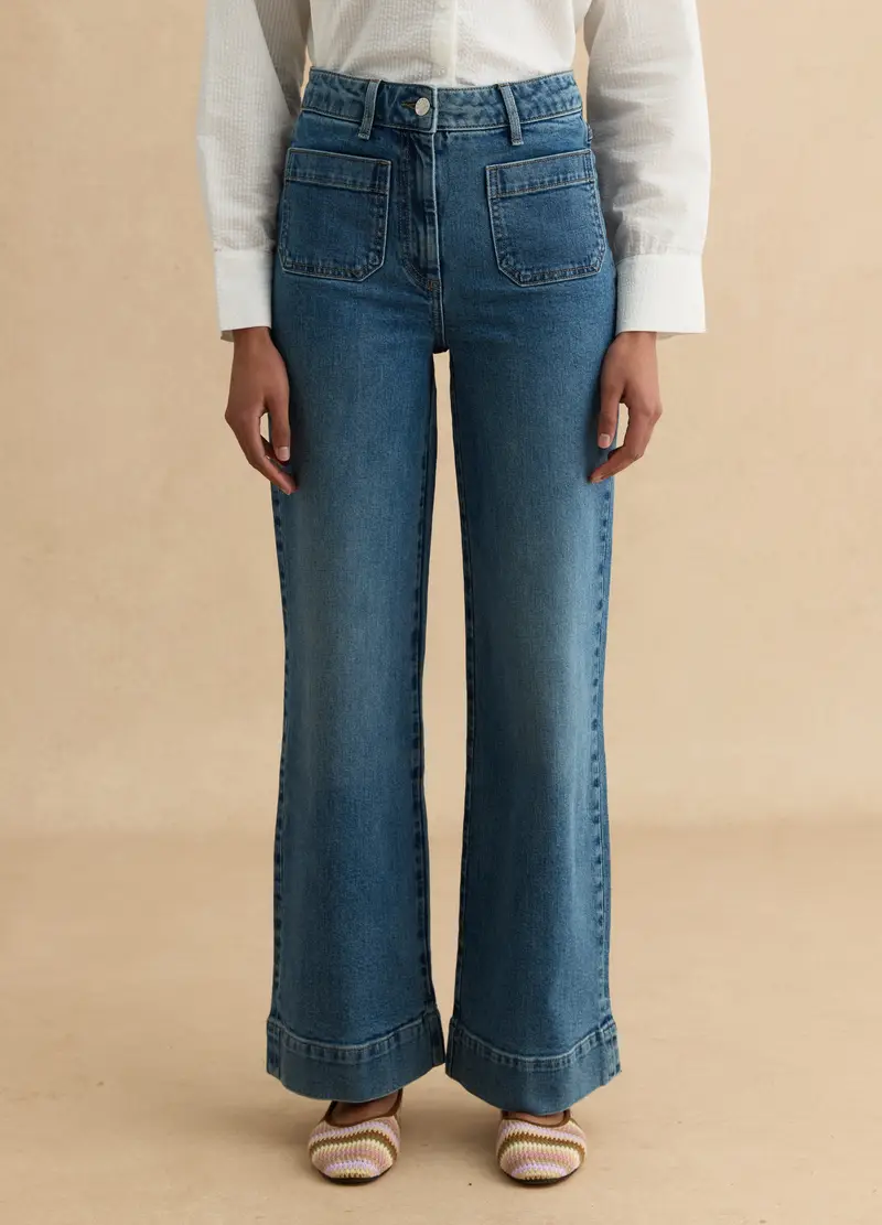 Pantaloni In Cotone Elasticizzato Denim Regular Fit, Donna, Denim miniatura 2