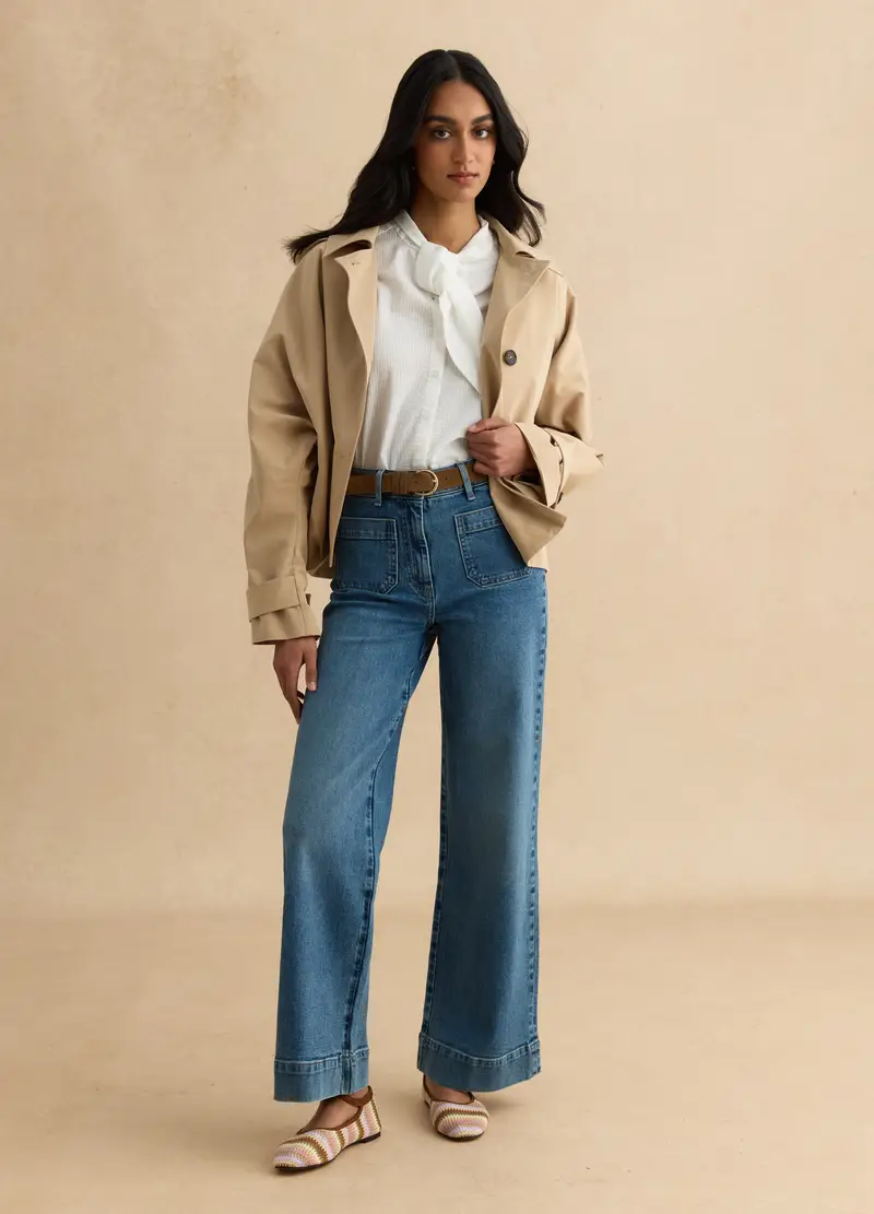 Pantaloni In Cotone Elasticizzato Denim Regular Fit, Donna, Denim