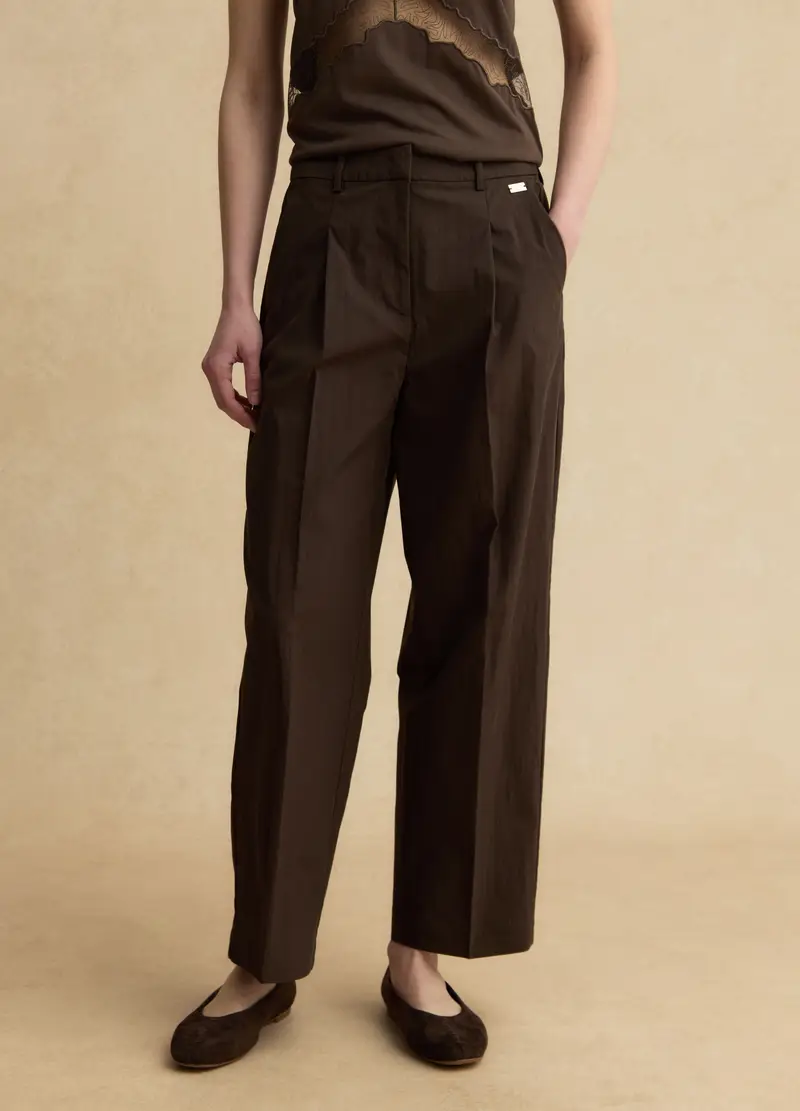 Pantaloni In Misto Cotone Marroni Straight Fit, Donna, Marrone miniatura 2