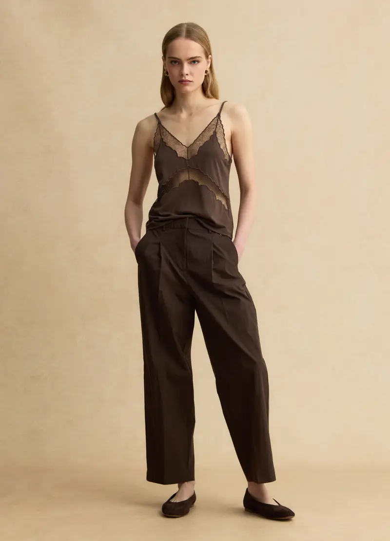 Pantaloni In Misto Cotone Marroni Straight Fit, Donna, Marrone