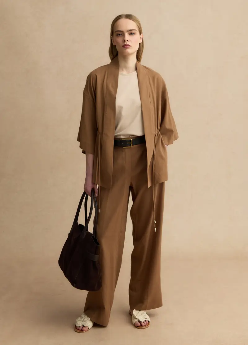 Pantaloni In Misto Lino E Viscosa Marroni Wide Leg, Donna, Marrone