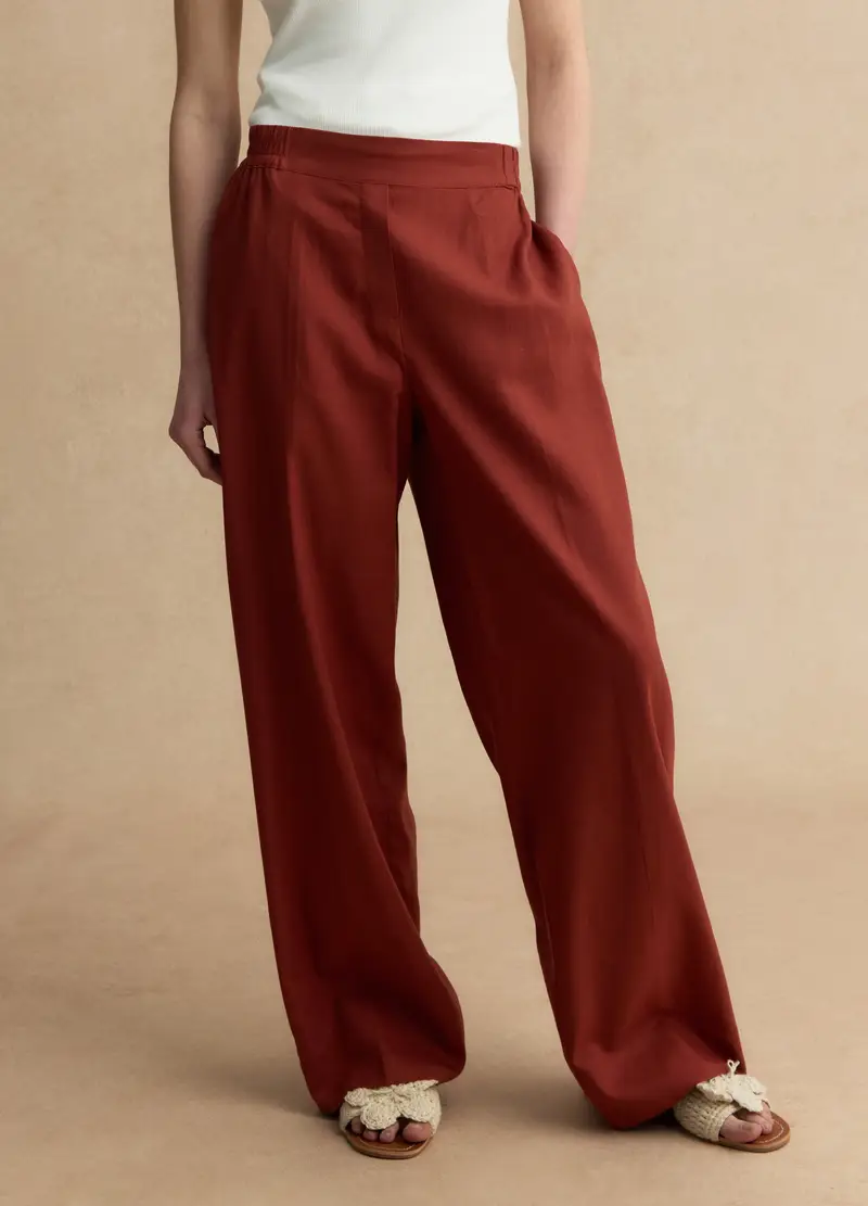 Pantaloni In Misto Lino E Viscosa Rossi Wide Leg, Donna, Rosso miniatura 2