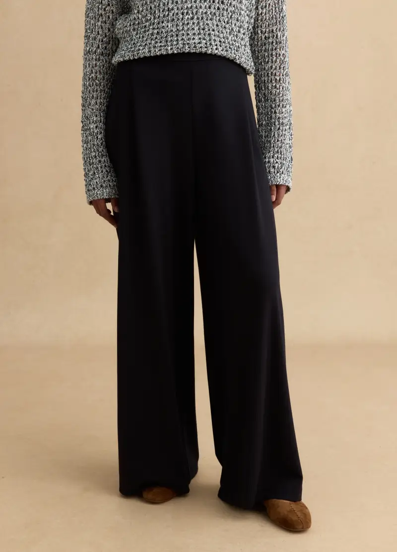 Pantaloni In Misto Viscosa Elasticizzata Neri Wide Leg, Donna, Nero miniatura 2