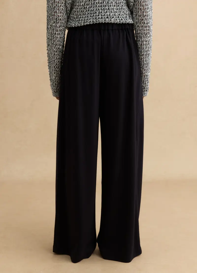 Pantaloni In Misto Viscosa Elasticizzata Neri Wide Leg, Donna, Nero miniatura 3