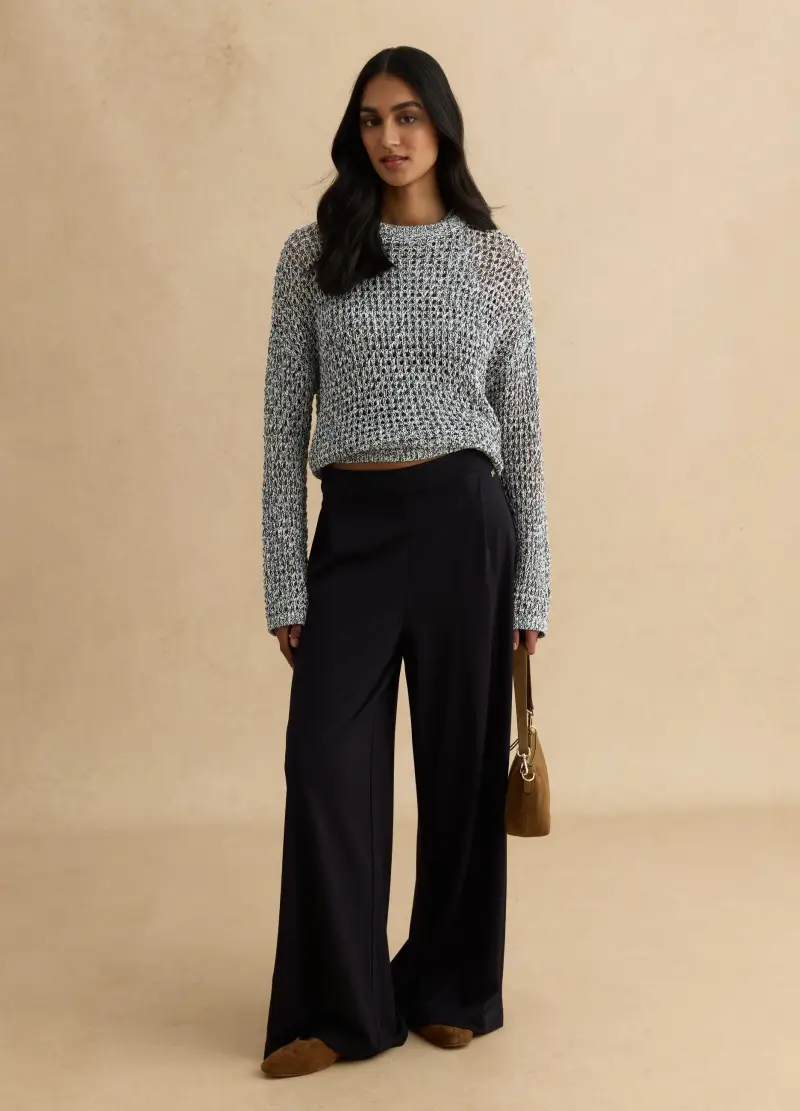 Pantaloni In Misto Viscosa Elasticizzata Neri Wide Leg, Donna, Nero