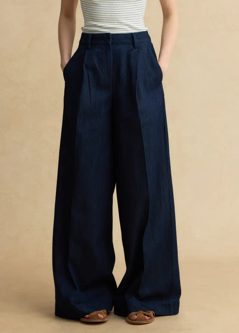 Pantaloni In Puro Cotone Denim Blu Wide Leg, Donna, Denim miniatura 2