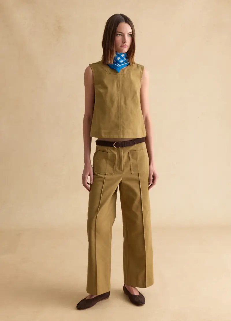 Pantaloni Marroni Beige In Puro Cotone, Donna, Marrone miniatura 2