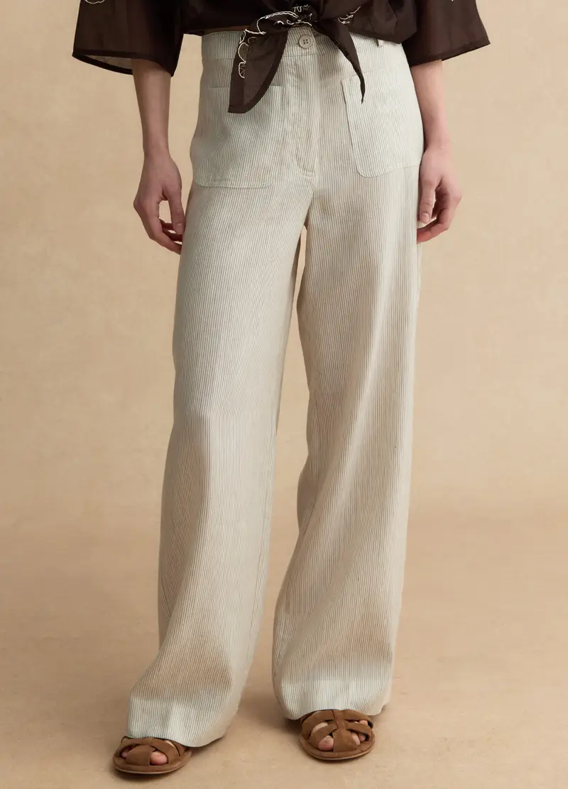 Pantaloni Wide Leg In Misto Lyocell E Lino A Righe Multicolor, Donna, Multicolor miniatura 2