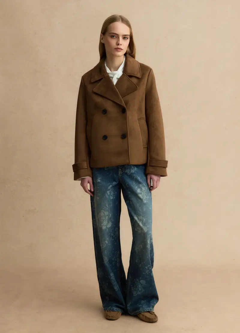 Peacoat Doppiopetto Marrone Con Tasche Effetto Camoscio Regular Fit, Donna, Marrone miniatura 2